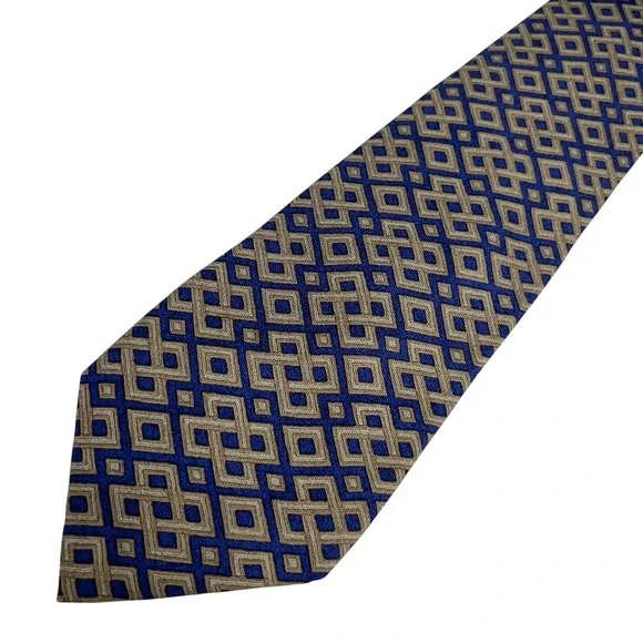 Hermes Men's Tie Geometric Navy Blue & Olive Green Silk 7656 TA 3.5 (W) 58 (L)